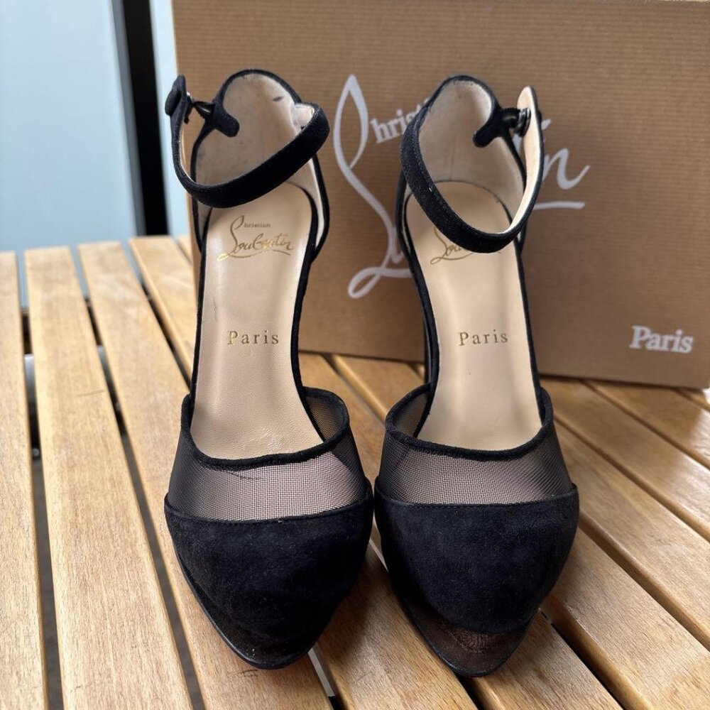 Christian Louboutin Suede Mesh Open-Toe Pumps - Picture 2 of 11